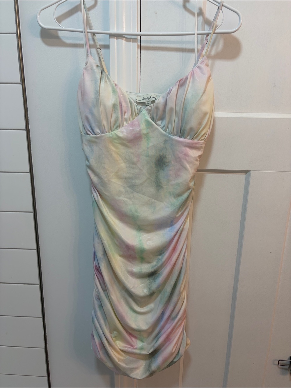 Lovely Day Pastel Tie-Dye Satin Slip Dress in Mint, Pink, Yellow - Size M